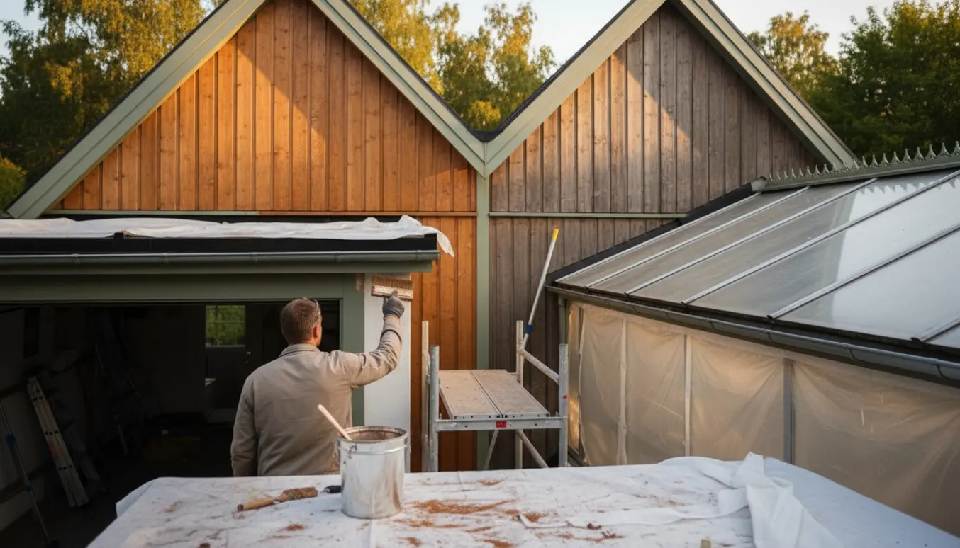 Nærbillede af træbeskyttelse på to gavle med garage og glasudestue tæt ved.