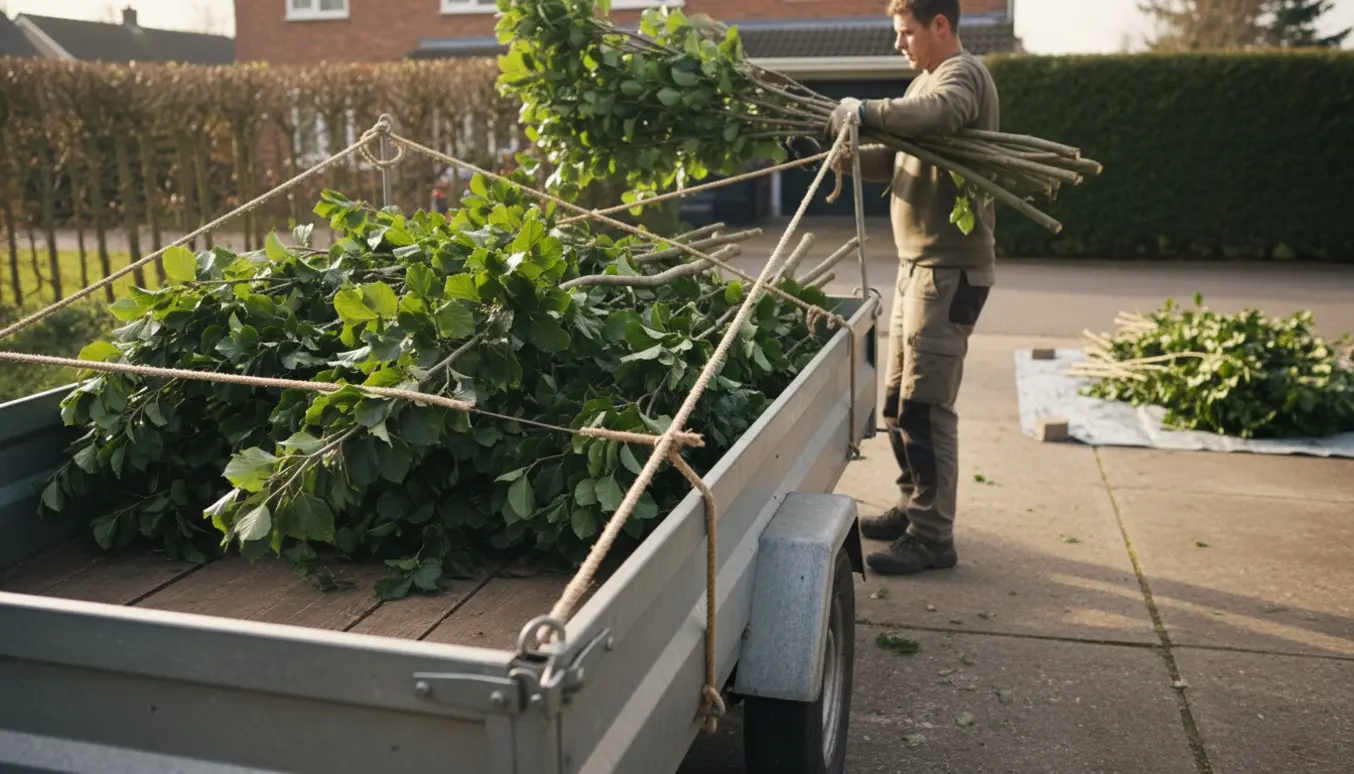 Stor åben trailer fyldes med nyskårne grene fra en bøgehæk på en indkørsel, arbejderens ansigt ikke synligt.
