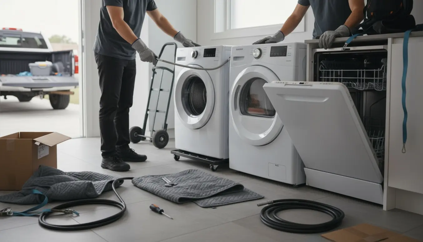 Tre hvidevarer — vaskemaskine, tørretumbler og opvaskemaskine — bliver forsigtigt afmonteret og klargjort til afhentning i et lyst bryggers.