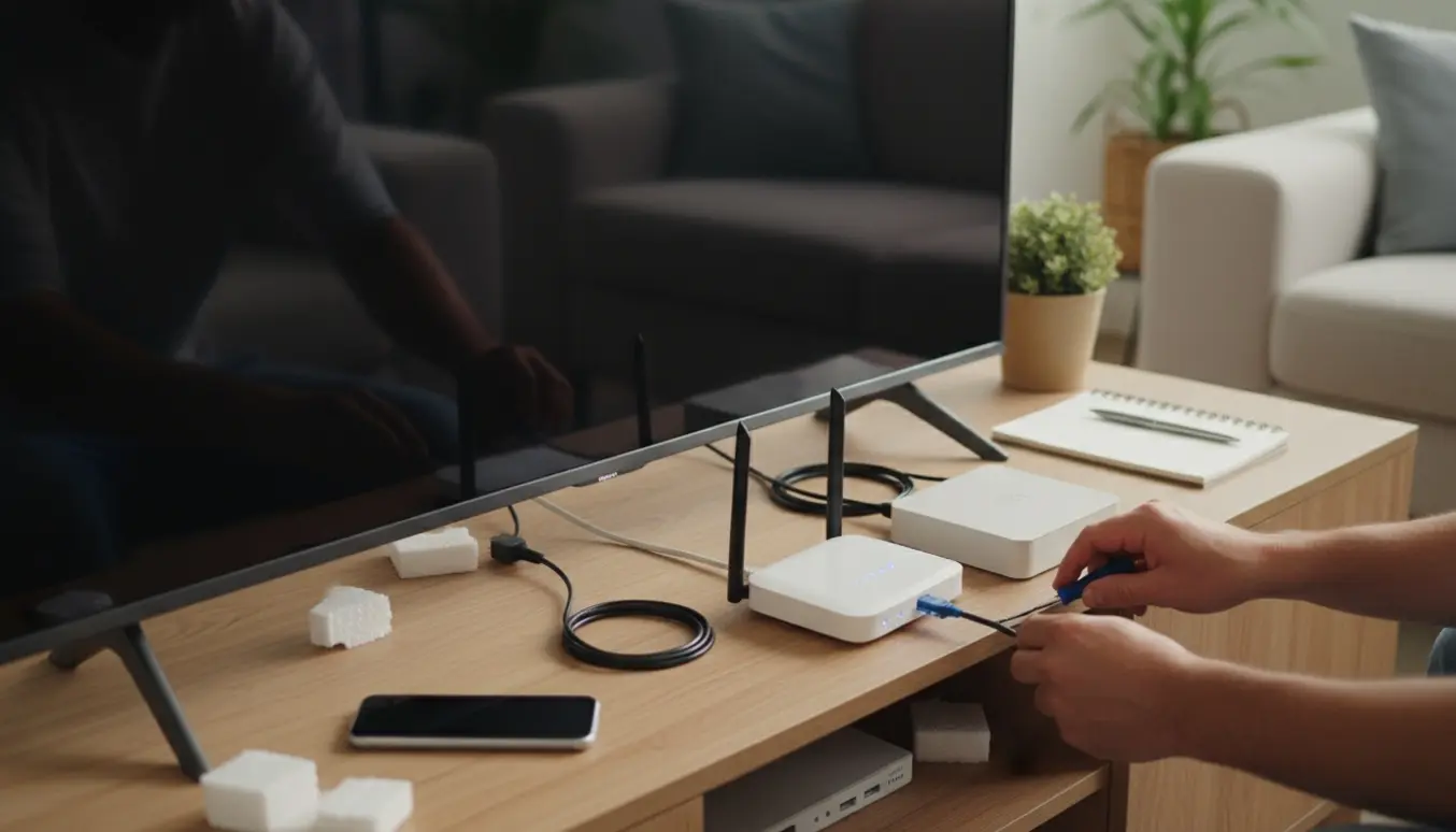 Nyt fladskærmsfjernsyn sættes op på et TV-bord med router, modem, kabler og hænder, der forbinder enheder.