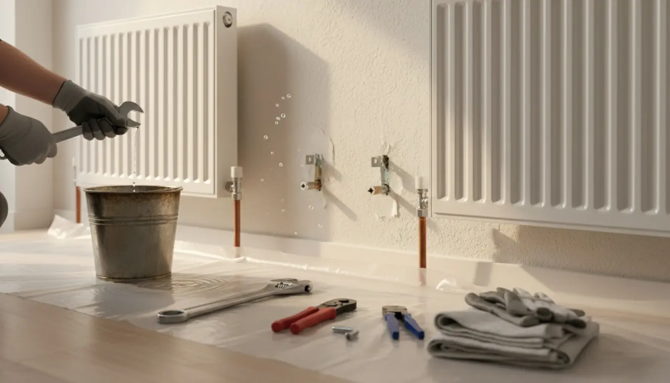 To radiatorer under afmontering i en lejlighed med værktøj, spand og handsker.