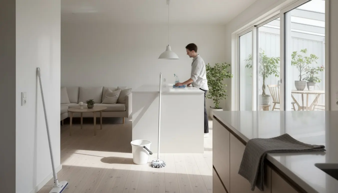 Solbeskinnet, nyvasket køkken-alrum i et stilrent sommerhus med en person, der tørrer køkkenøen og rengøringsudstyr i forgrunden.