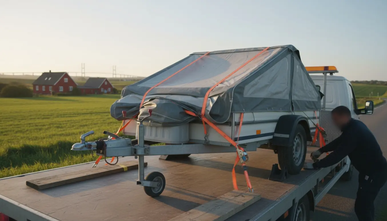 En lastbil sikrer en campingvogn på et fladt lad ved dansk kystlandskab med Storebæltsbroen i baggrunden.