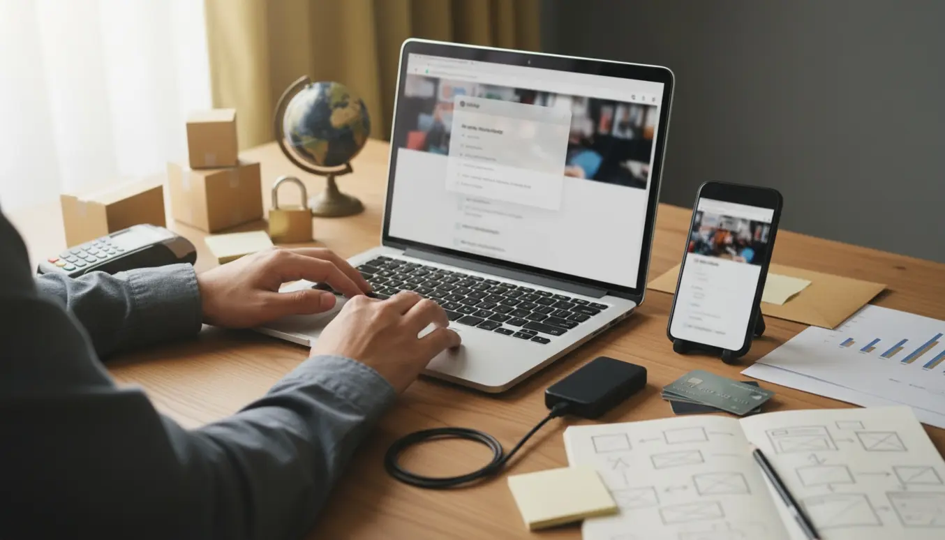 Et moderne arbejdsbord med laptop, mobil, skitser, kasser og hardware, der illustrerer opbygning og integration af en webshop.