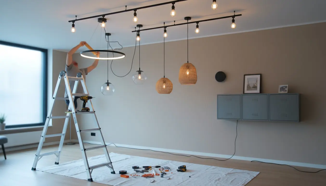 Lampeinstallation i et moderne rum med stige, skinner, rund lysekrone, glas- og flettede pendler over metal skabe.
