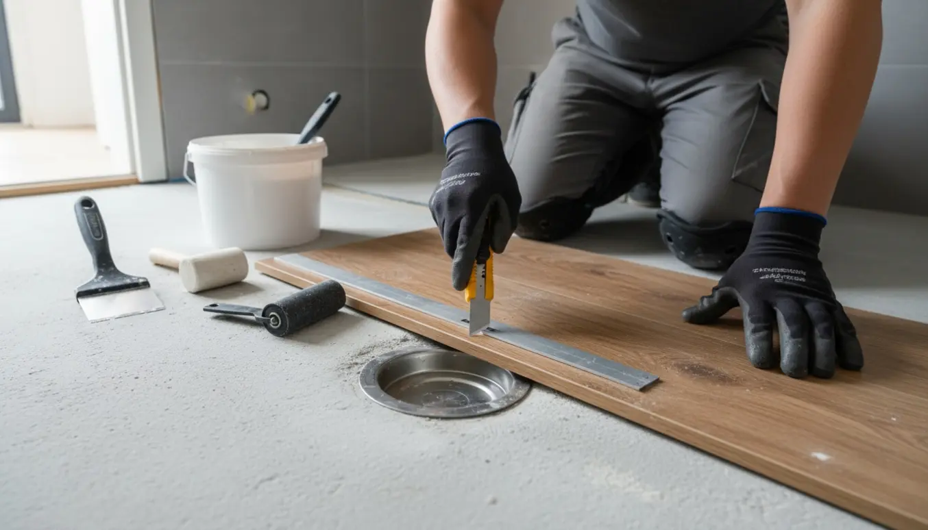 Nærbillede af hænder, der tilpasser vinylgulv omkring et afløb i et lille badeværelse.