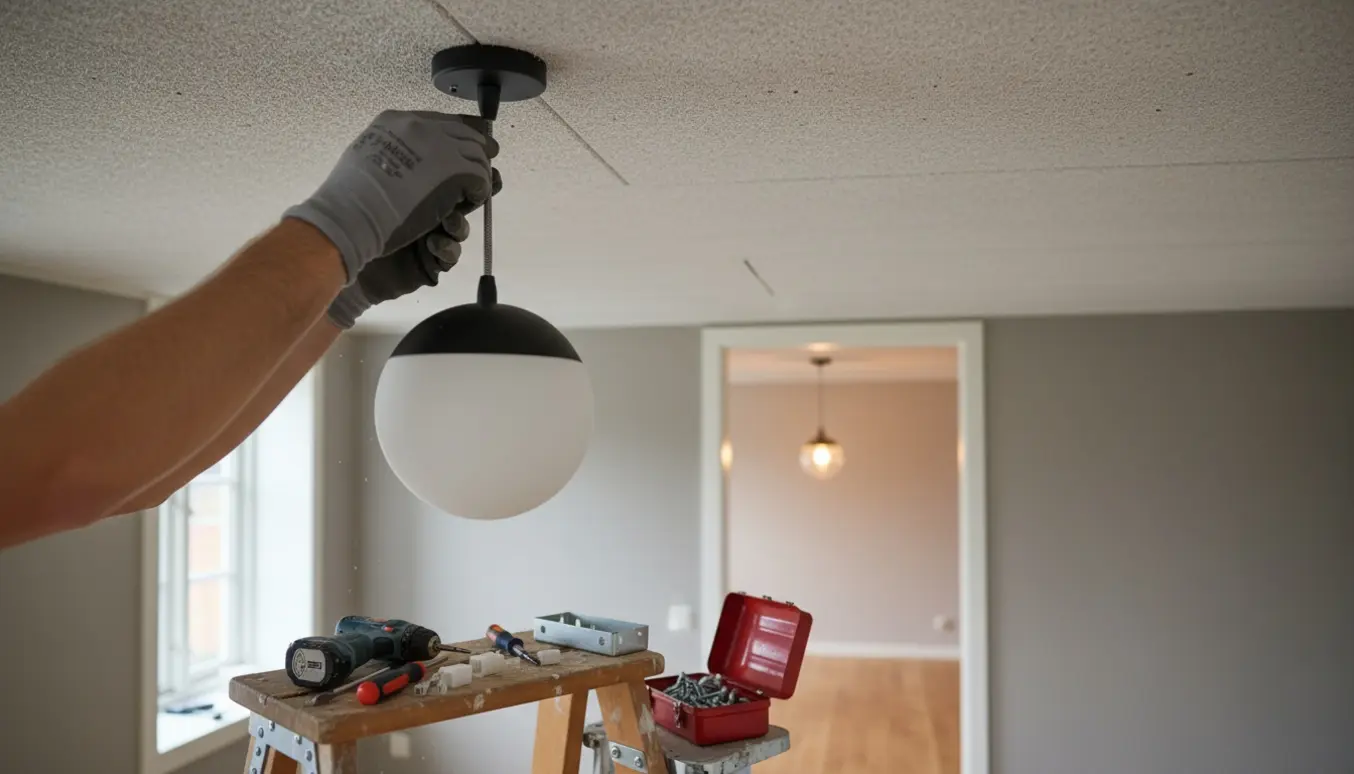 Hænder monterer en pendel i et Troldtekt-loft med værktøj og et kig til et tilstødende rum.