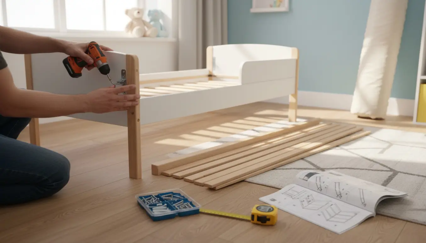 Delvist samlet børneseng i et lyst værelse med værktøj og åben samlevejledning.