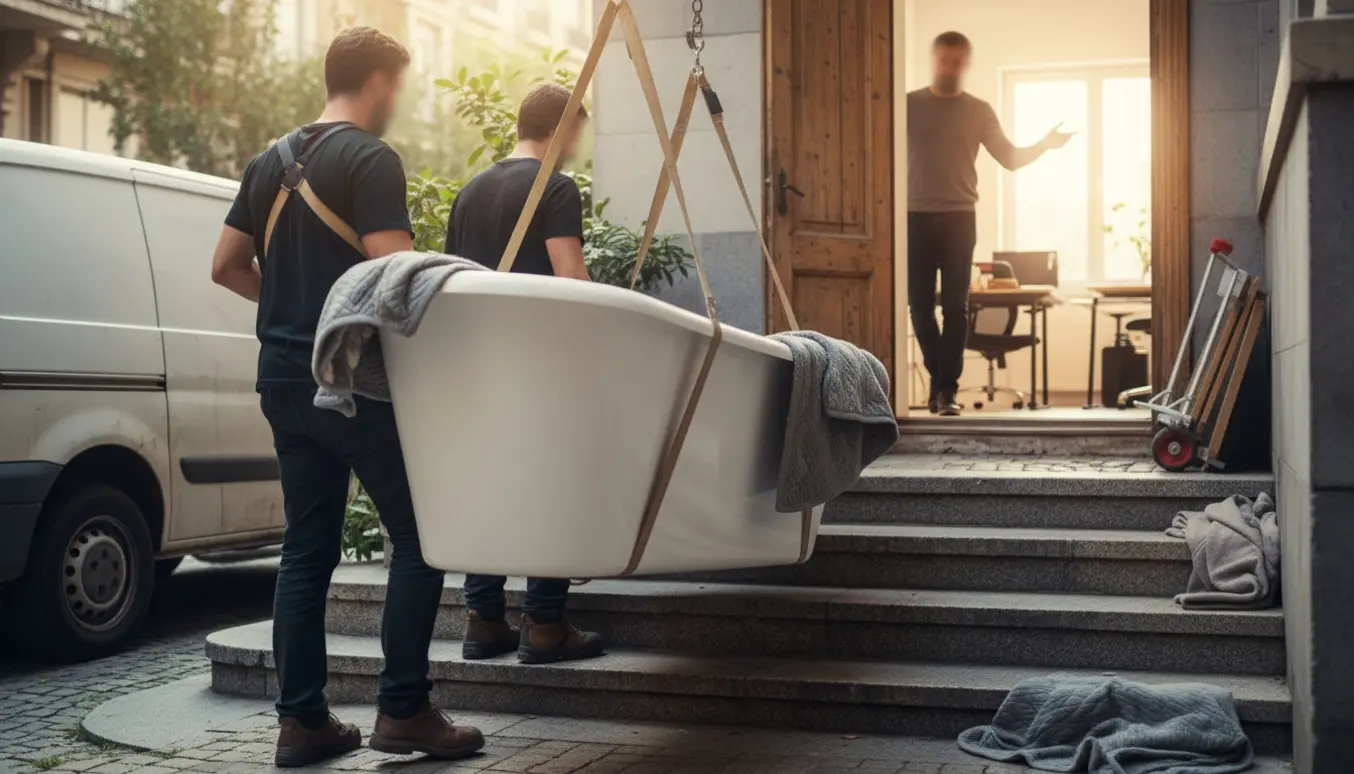 Et hvidt badekar bæres op ad en trappe ind til et kontor af to bærere med stropper og beskyttelsesstæpper.