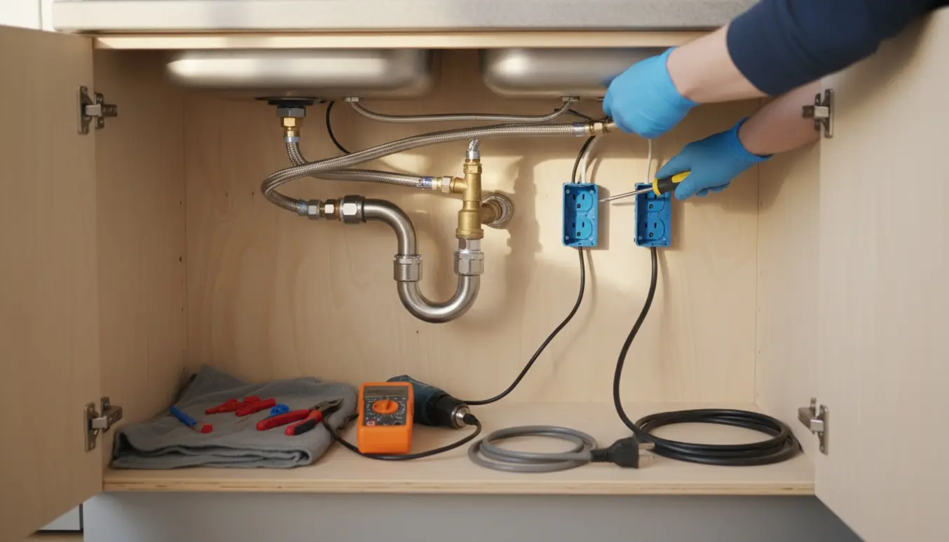 Åbent køkkenskab under vask med hænder, værktøj og to nye stikkontakter klar til opvaskemaskine og vaskemaskine.