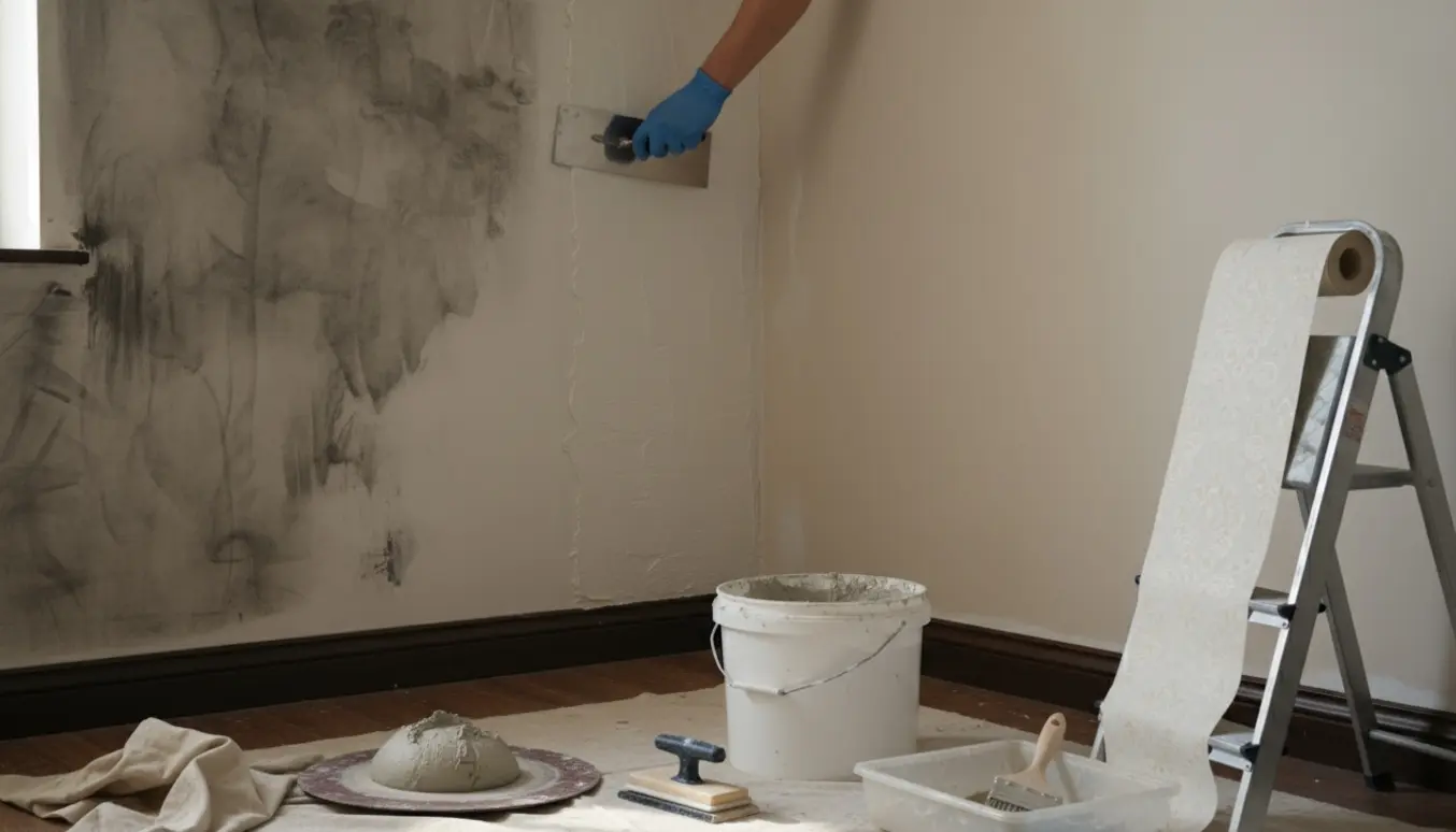 Nærbillede af oppudsning af væghjørne efter løbesod med spartel, spand og tapetrulle klar til opsætning.