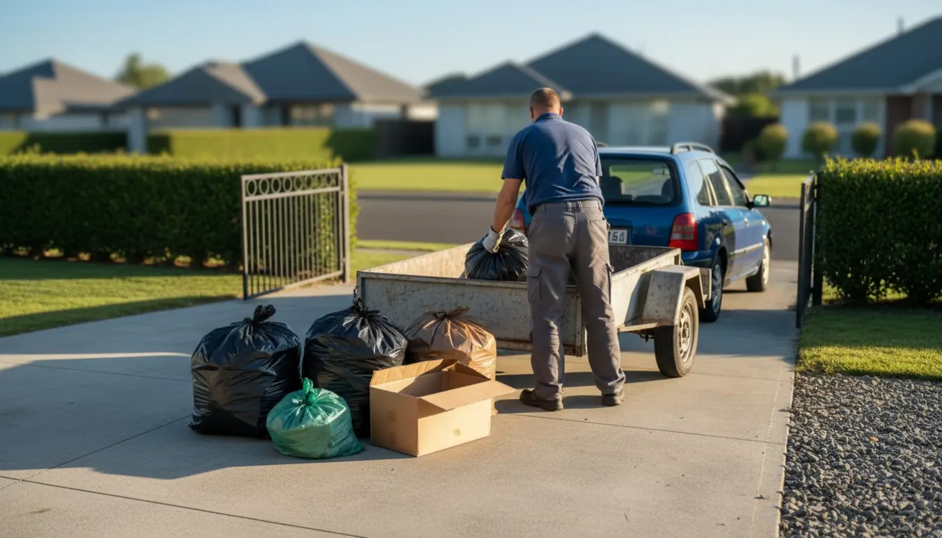 Lille afhentning af affald ved indkørsel med trailer og et par affaldssække klar til vejafhentning.