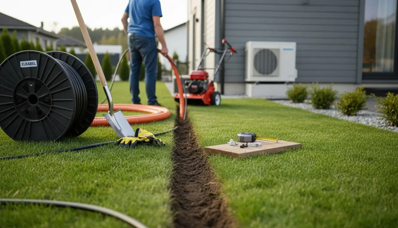 Åben grøft i have med elkabelrulle og varmepumpe ved husets side.