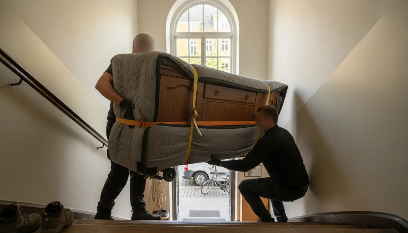 To flyttemænd bærer en cirka 2 meter bred skænk ned ad en smal trappeopgang, indpakket i flyttetæpper og fastgjort med stropper.