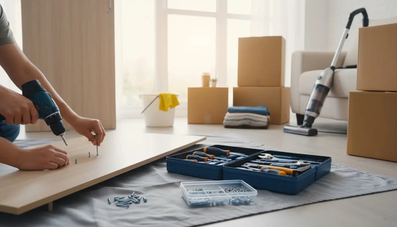 Hænder samler et garderobeskab i en lejlighed omgivet af flyttekasser, rengøringsudstyr og værktøj.