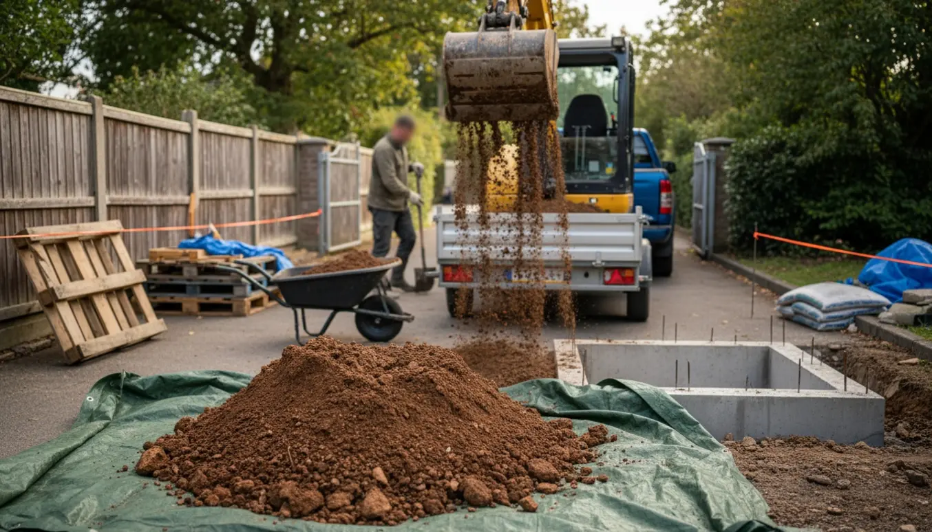 Afgravet jord læsses i en trailer ved fundamentudgravning på en privat indkørsel, uden tydelige ansigter.