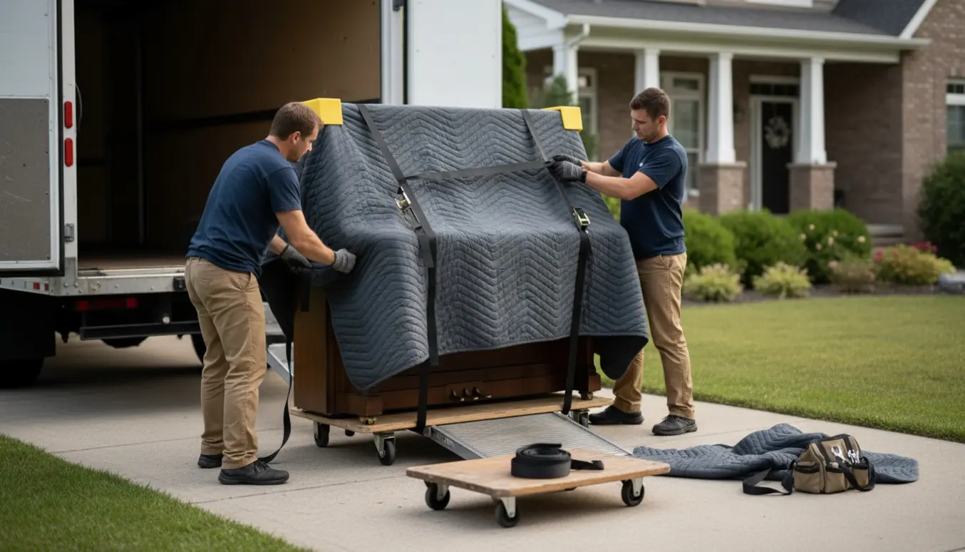 Et stående klaver pakket i flyttetæpper og spændt fast ved en åben flyttevogn på en indkørsel.