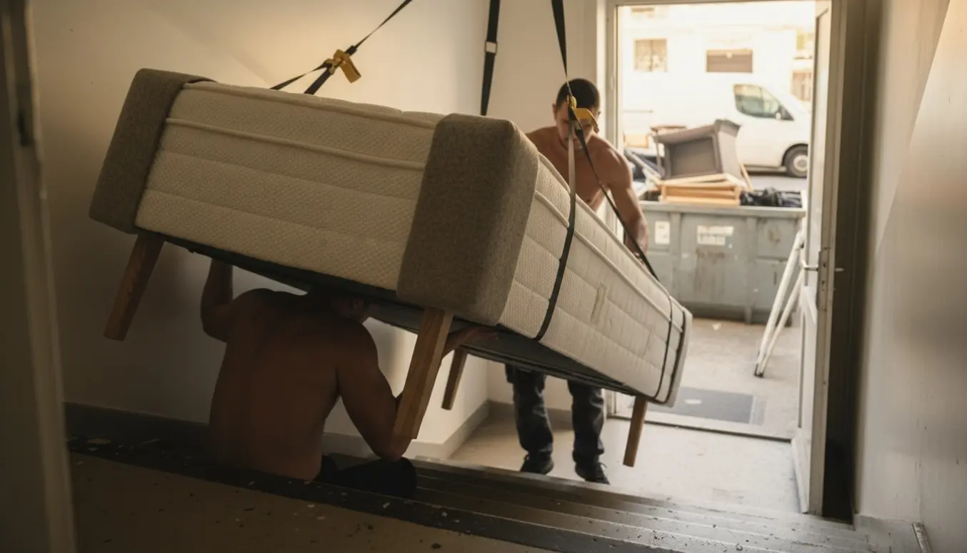 To personer bærer en boxmadras med ben ned ad en lejlighedstrappe på vej til genbrugspladsen.