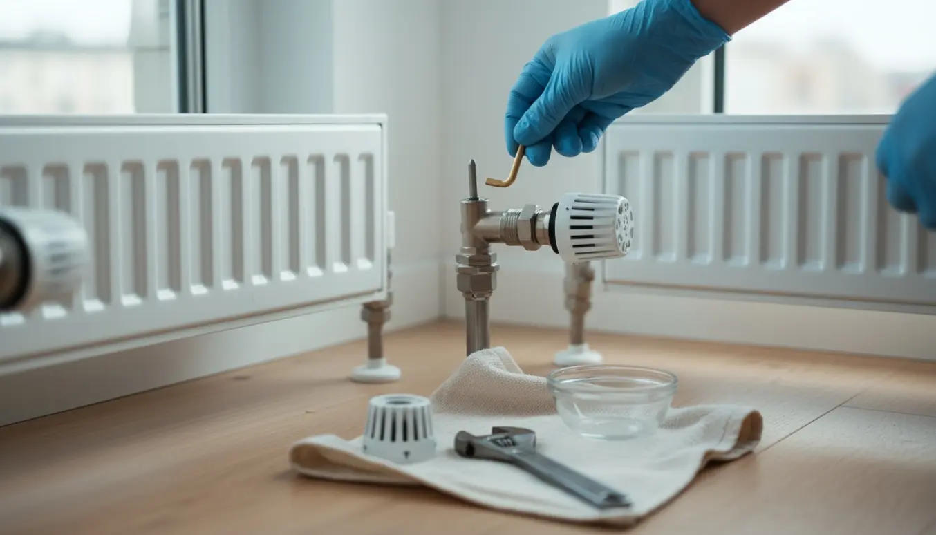 Tre radiatorer på en væg, midterste radiator med fjernet termostathoved og handsker, der arbejder med ventilen og værktøj ved siden af.