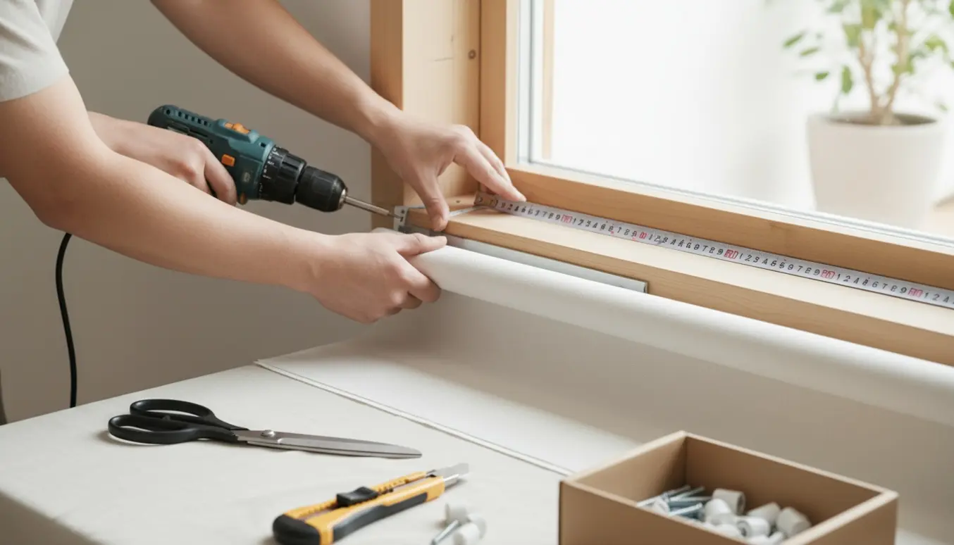Nærbillede af hænder, der monterer og tilpasser et rullegardin ved et vindue med målebånd og værktøj.