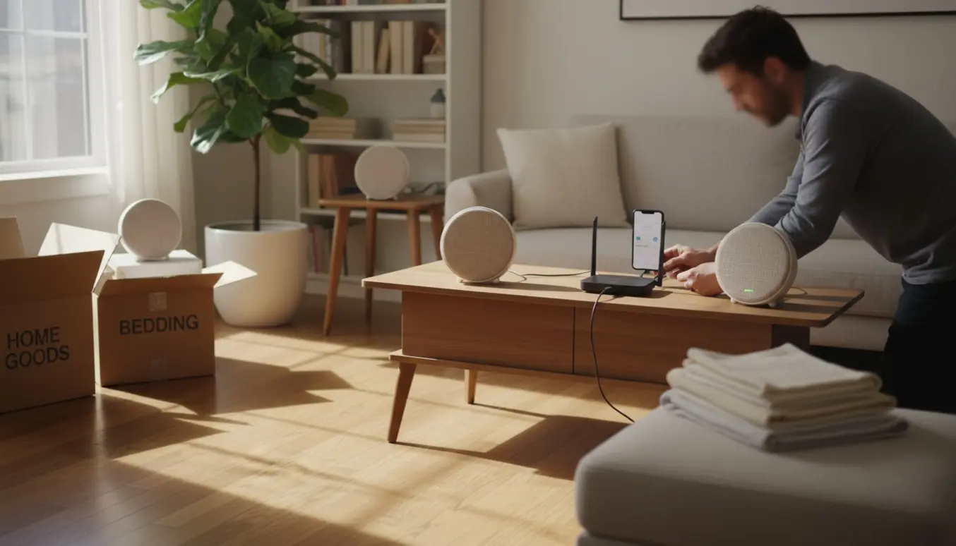 Hænder opsætter seks trådløse højttalere i et lyst nyt hjem, hvor kun én højttaler er forbundet til routeren.