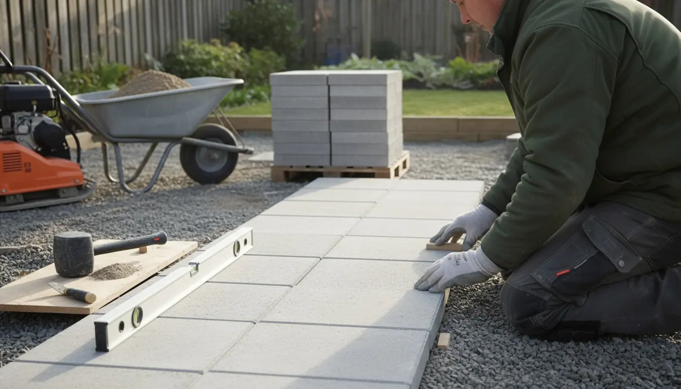 Halvfærdigt terrassegulv med 50x50 betonfliser på grusbund, værktøj og stamper i baggrunden.