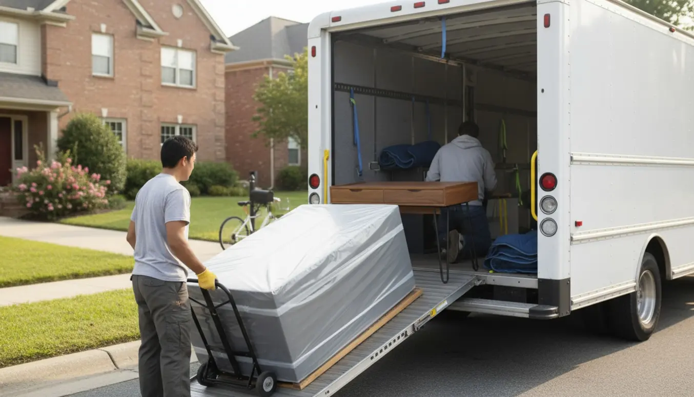 Lastning af boxmadras og skrivebord i en hvid varevogn på en stille boligvej, to personer set bagfra sikrer møbler til transport.