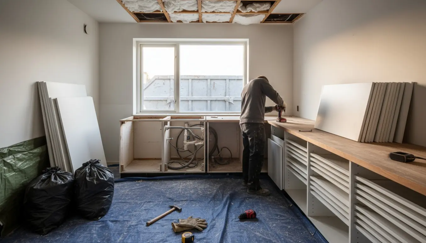 Lille køkken under nedrivning med fjernede skabe, løse loftplader og renovationssække klar til bortskaffelse.