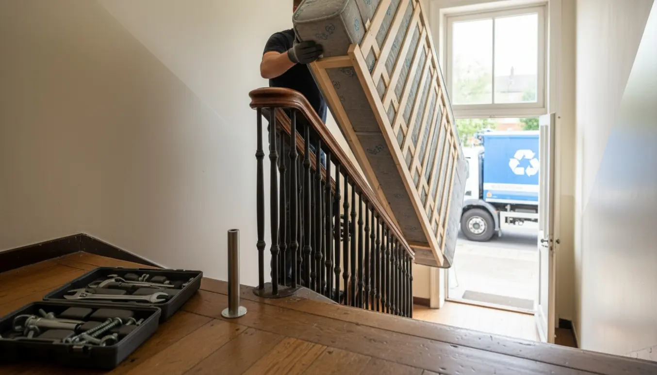 En 140x200 seng bæres ned ad en trappe, med afmonterede ben og værktøj på reposen.