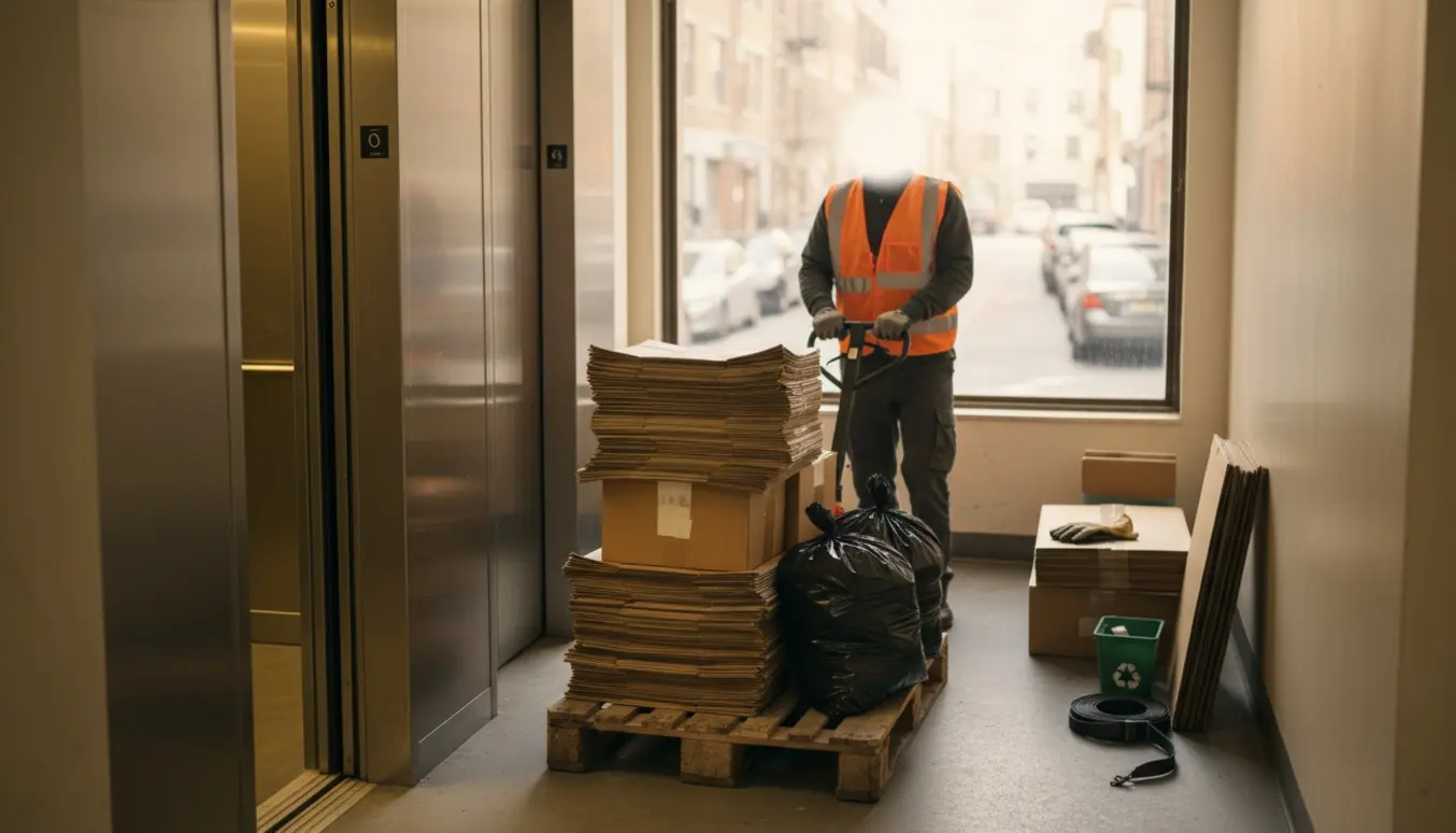 Palle med sammenfoldet pap og affald ved en åben godselevator på 2. sal klar til afhentning.