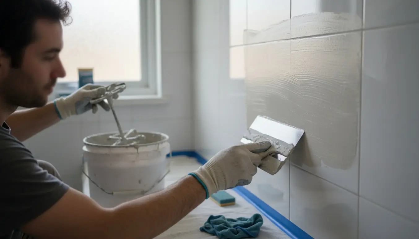 Hænder glatter spartelmasse ud med murske på hvide baderumsfliser under finpudsning.