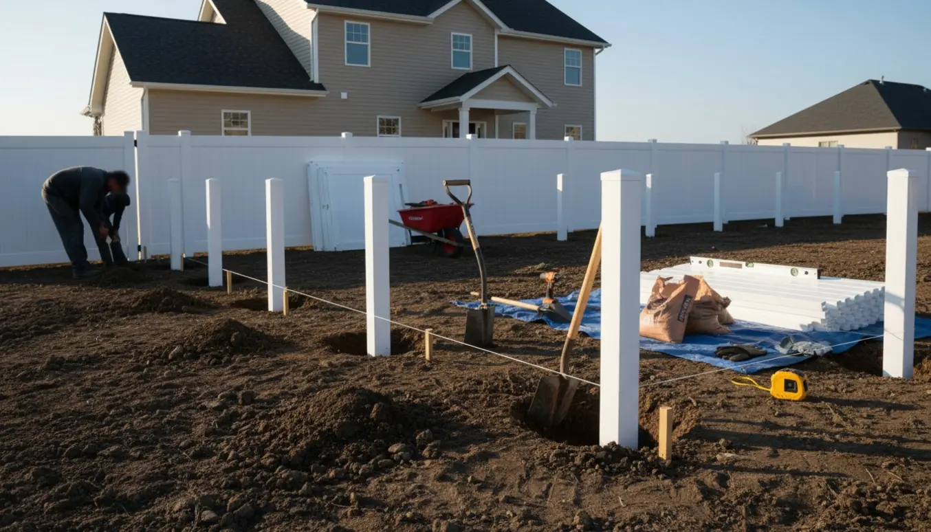PVC-hegn bliver opsat omkring et hus med opgravede stolpehuller, værktøj og materialer i forgrunden.