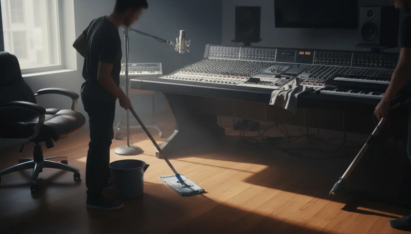 Personer rengør et musikstudie med mopning af gulv og aftørring af mixerbord, uden synlige ansigter.