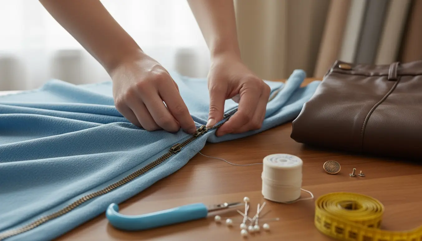 Nærbillede af hænder, der monterer en bronzefarvet tovejs-lynlås i en polyesterkjole med syningstilbehør og synlig knap på et par fauxlæderbukser.