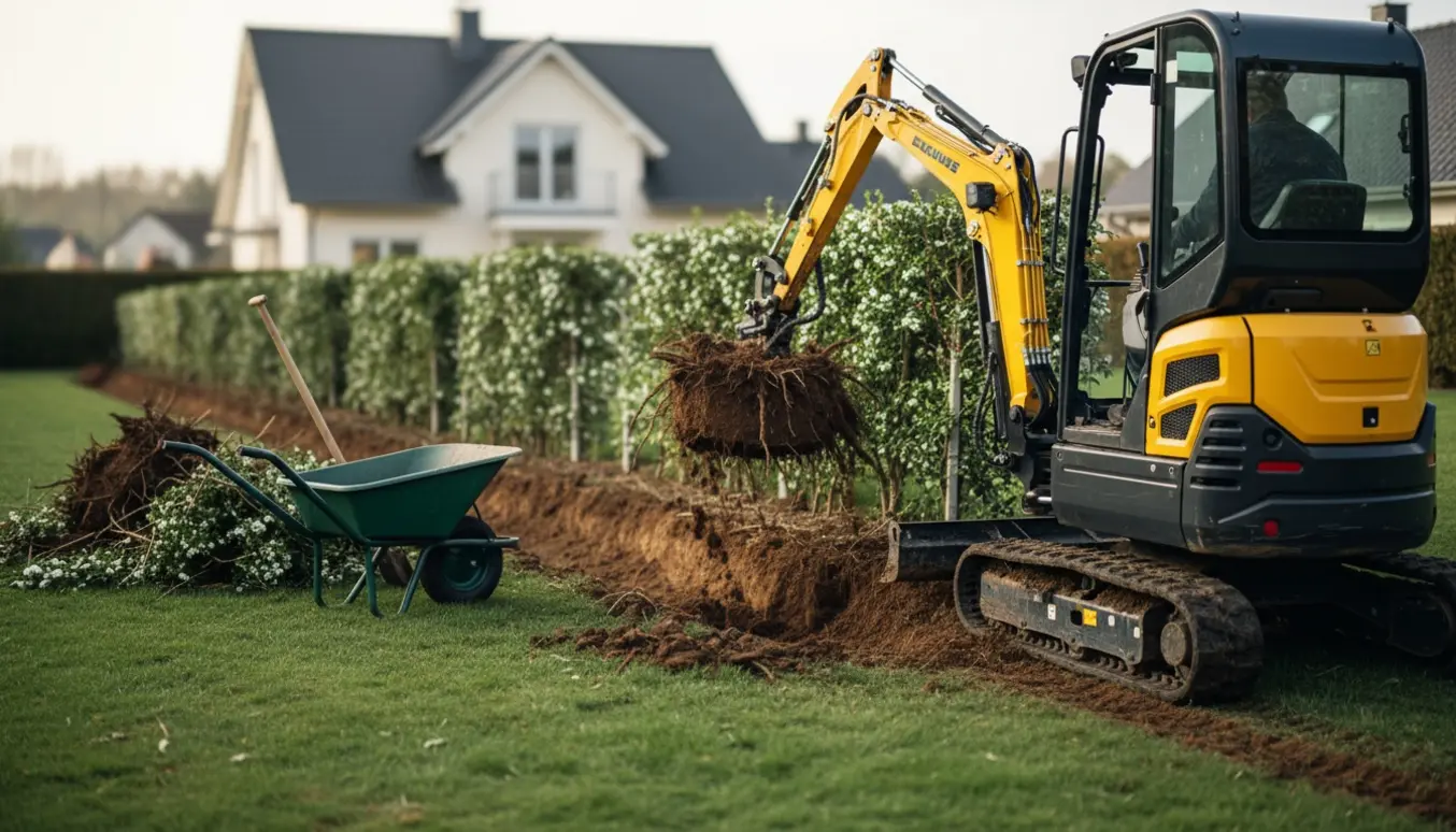 Minigraver løfter en stor rodklump, mens en snebærhæk graves op i blød, mudret jord.