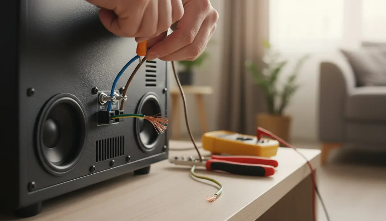 Nærbillede af hænder, der tilslutter tre farvede ledninger til bagsiden af en aktiv subwoofer.