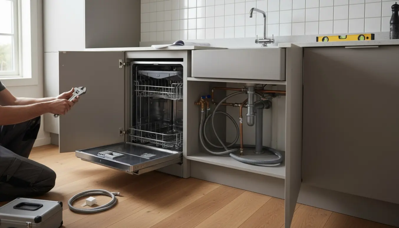 Tekniker forbereder montering af opvaskemaskine på modsatte side af vasken i et lyst køkken med synlige vandtilslutninger.