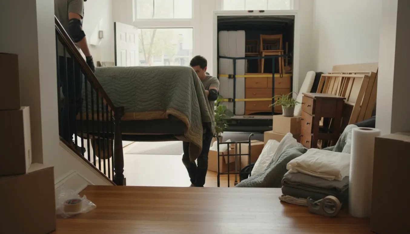 To personer fører en indpakket sofa ned ad en trappe mod en åben flyttebil fyldt med møbler og flyttekasser.