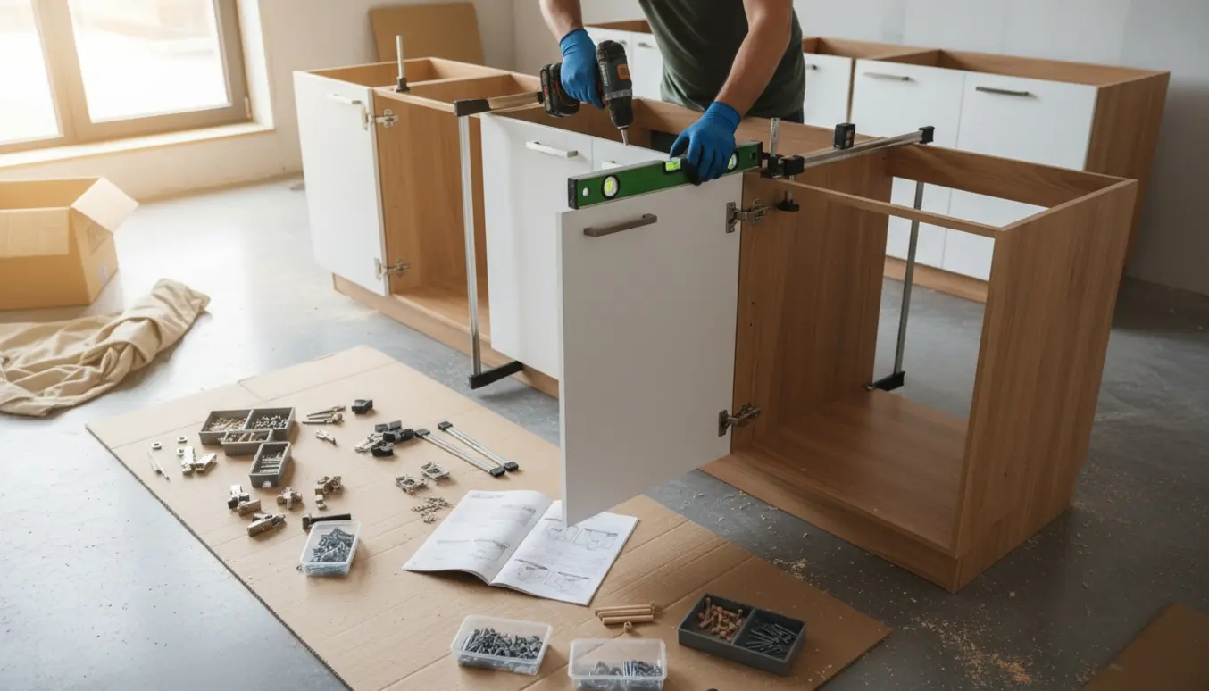 Hænder monterer køkkenskabe i et lyst, moderne køkken med værktøj og materialer.