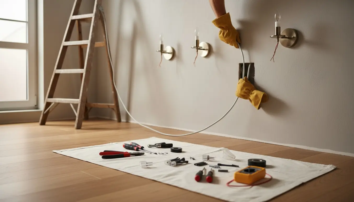 Hænder fører elkabel op fra væglampe mod åbne loftdåser med værktøj på et beskyttelsesunderlag.