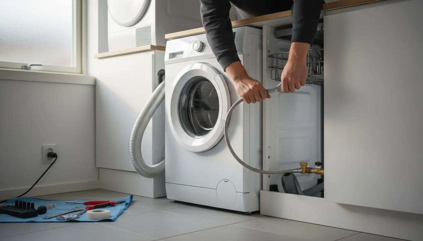 Tekniker tilslutter nye hvidevarer i et lyst bryggers: vaskemaskine, tørretumbler og opvaskemaskine.