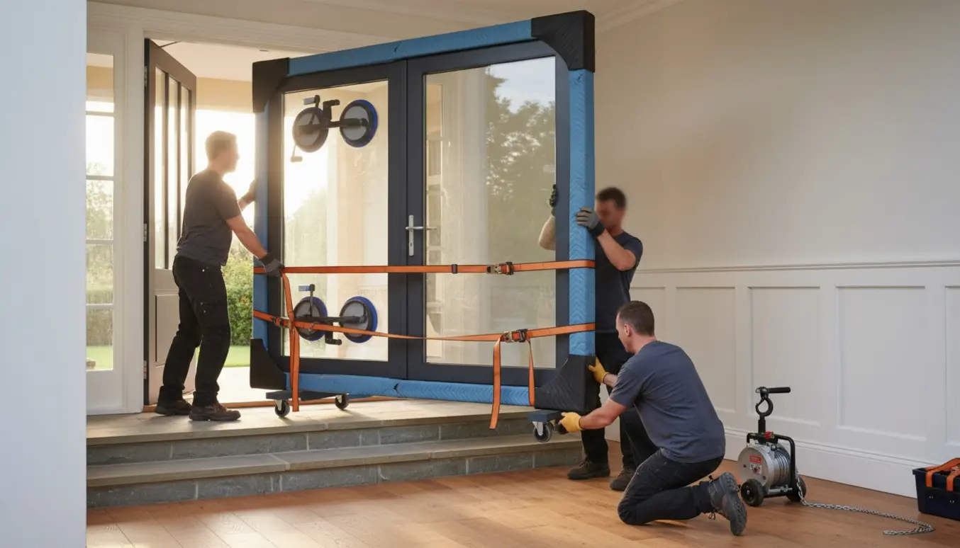 Tunge døre og et stort vindue løftes ind gennem husets indgang med sugekop-løfter og vogn, ansigter slørede.