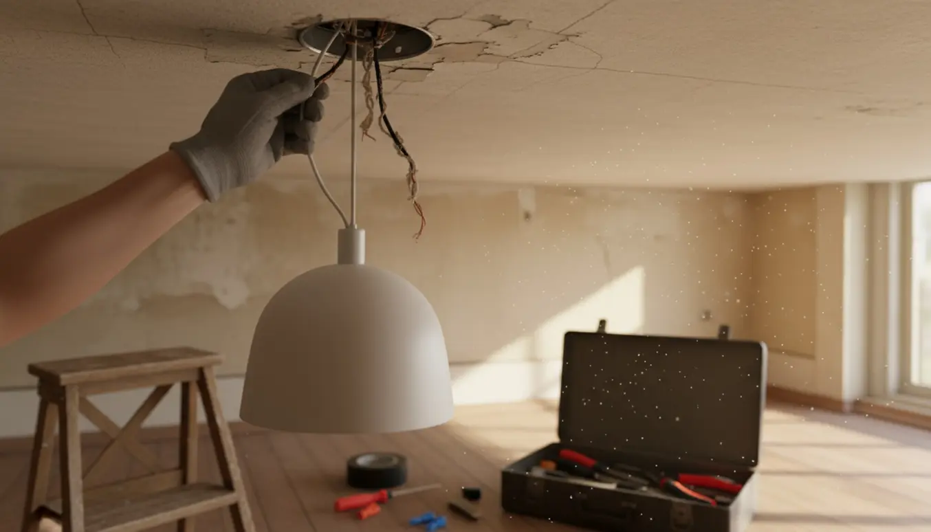 Hænder monterer en loftslampe i et gammelt elsystem med synlige ledninger og værktøj.