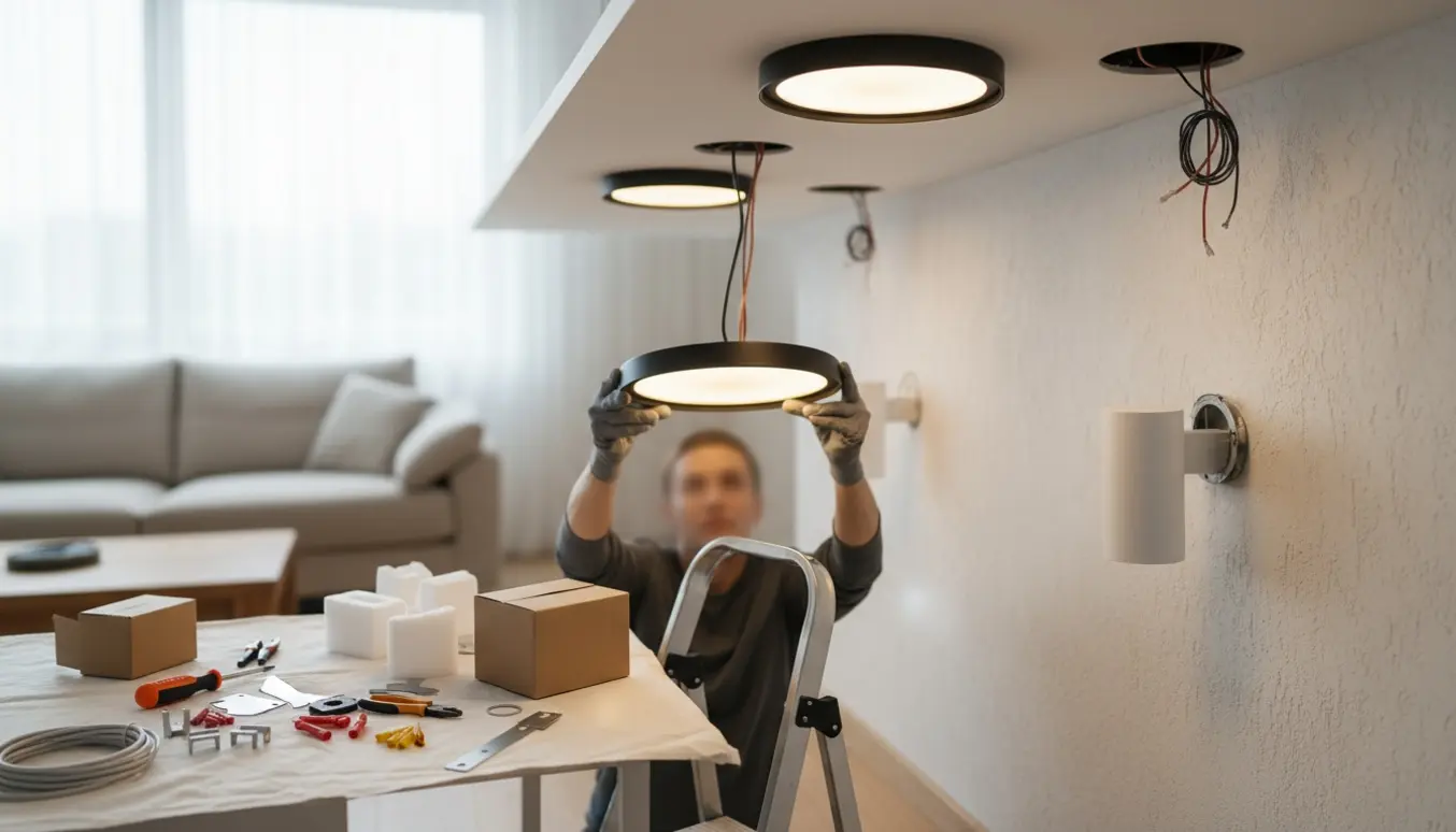 Installation af tre loftlamper og én væglampe i en stue med værktøj og hænder synlige.