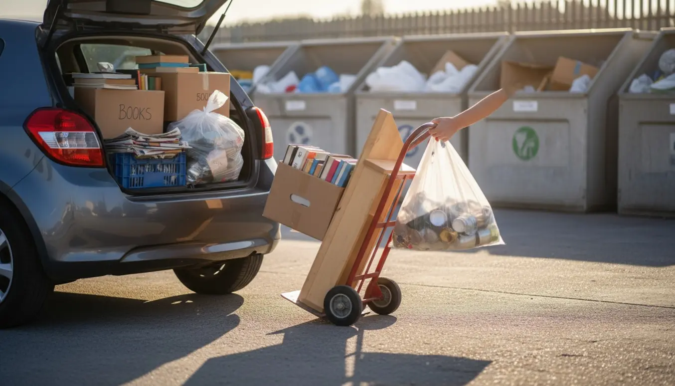 Bil med åben bagagerum og flyttekasser med bøger ved en genbrugsplads, mens en person læsser en kasse på en tralle.