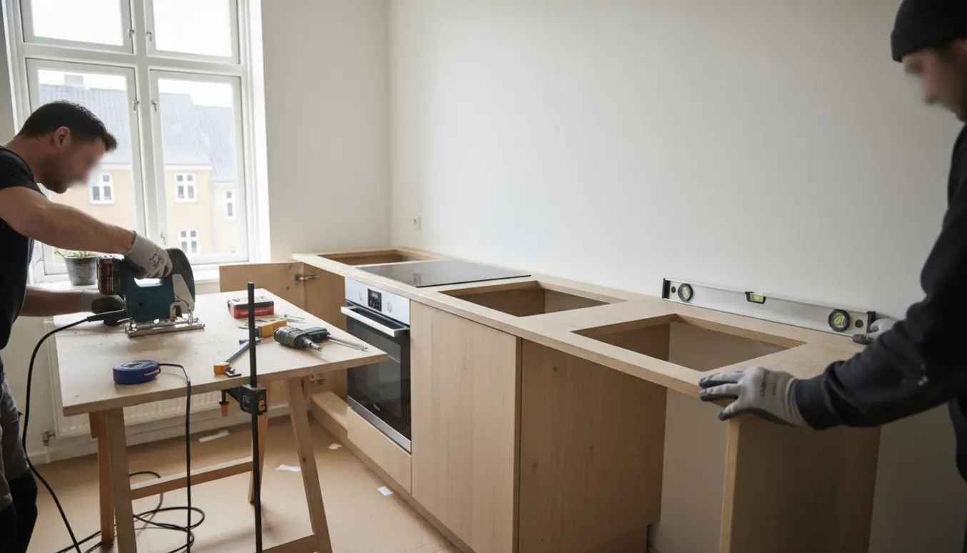 Montage af mindre køkken i københavnsk lejlighed med laminatbordplade, værktøj og hænder i arbejde.