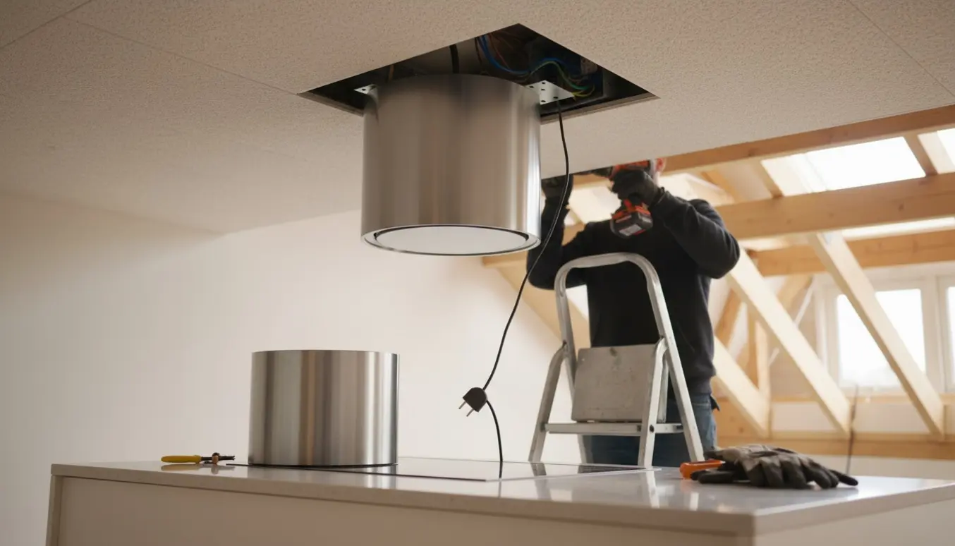 Ny cylinderemhætte monteres i troldtekt-loft med synligt monteringsskelet, åben samledåse og værktøj.