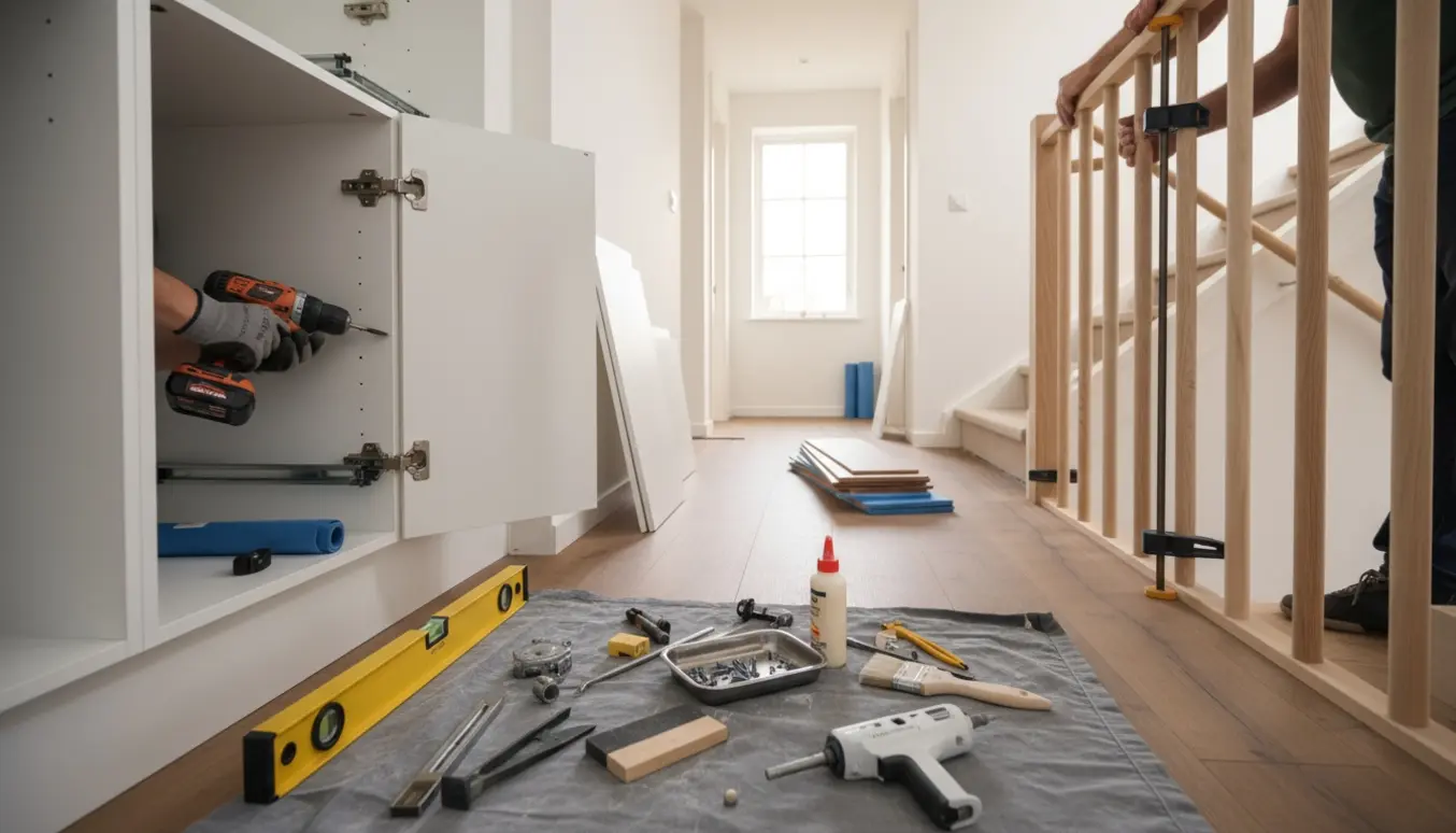 Håndværker monterer indbygningsskab, nyt gelænder og lægger nyt gulv i en lys mellemgang.