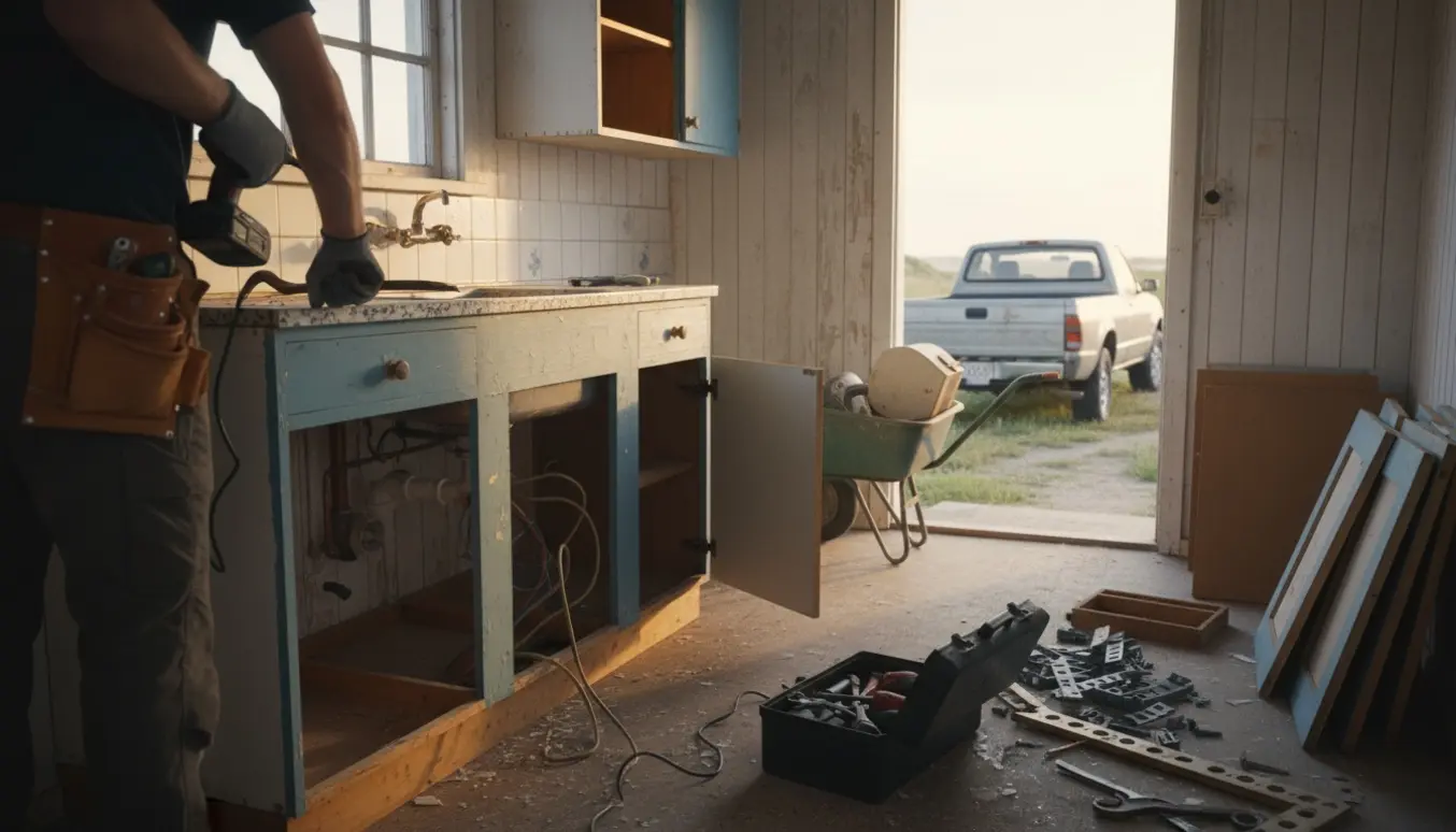 Gammelt køkken i et lille sommerhus delvist revet ned med værktøj og materialer klar til afhentning.