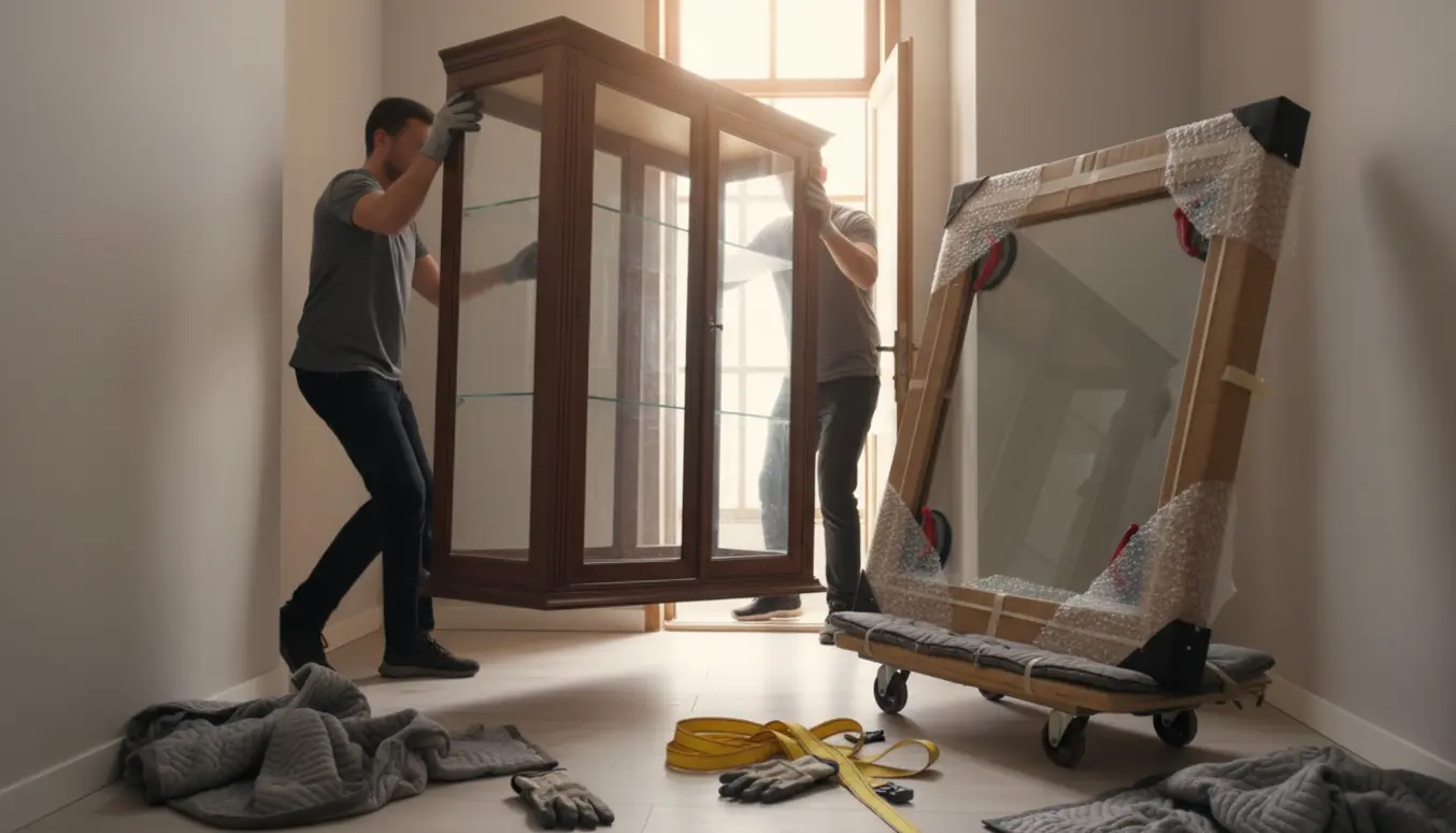 To flyttemænd i en opgang bærer forsigtigt et tungt vitrineskab, mens en indpakket glasrude står på en flyttevogn.